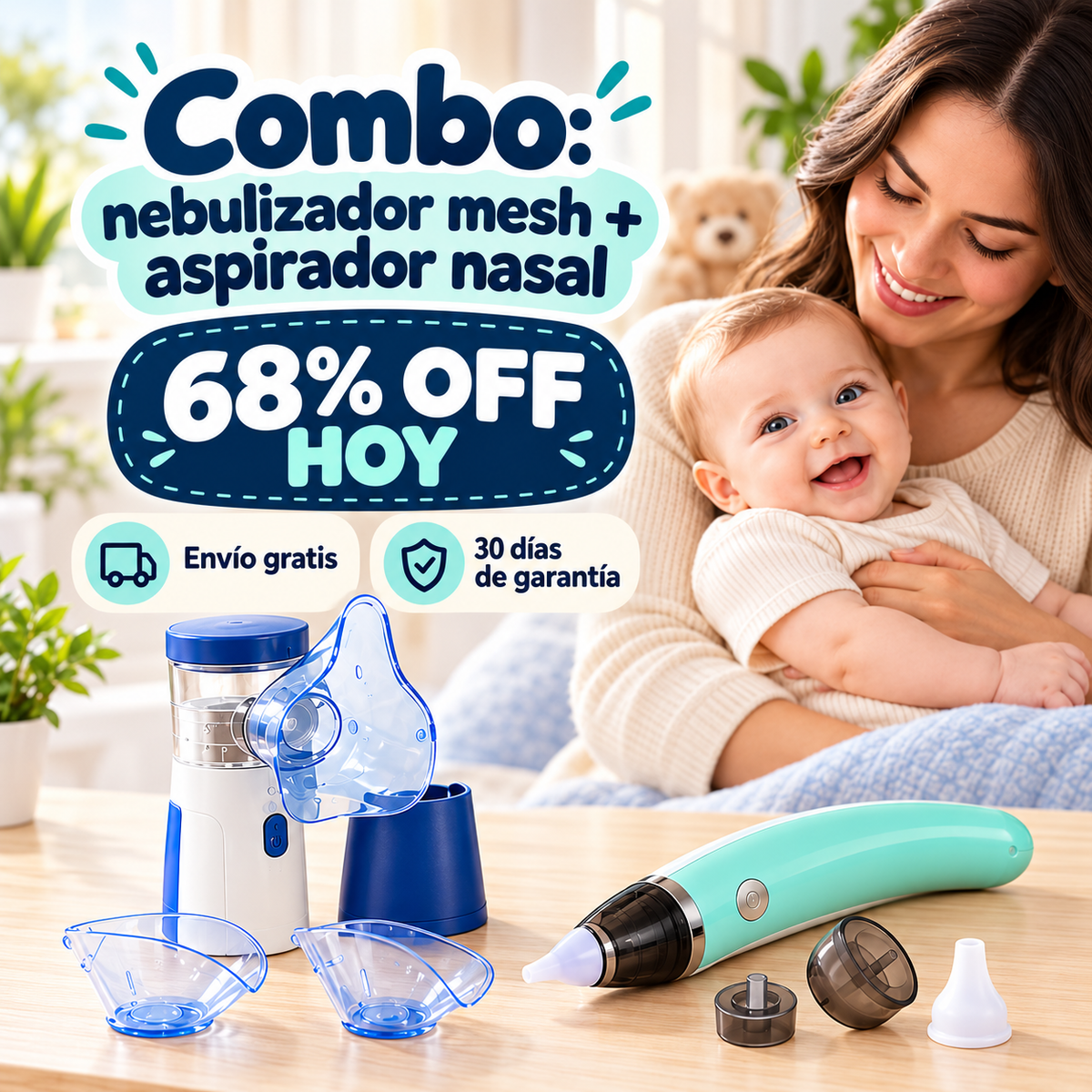 🌬️ Combo Respira Tranquilo: Nebulizador Portátil Mesh + Aspirador Nasal para Bebé