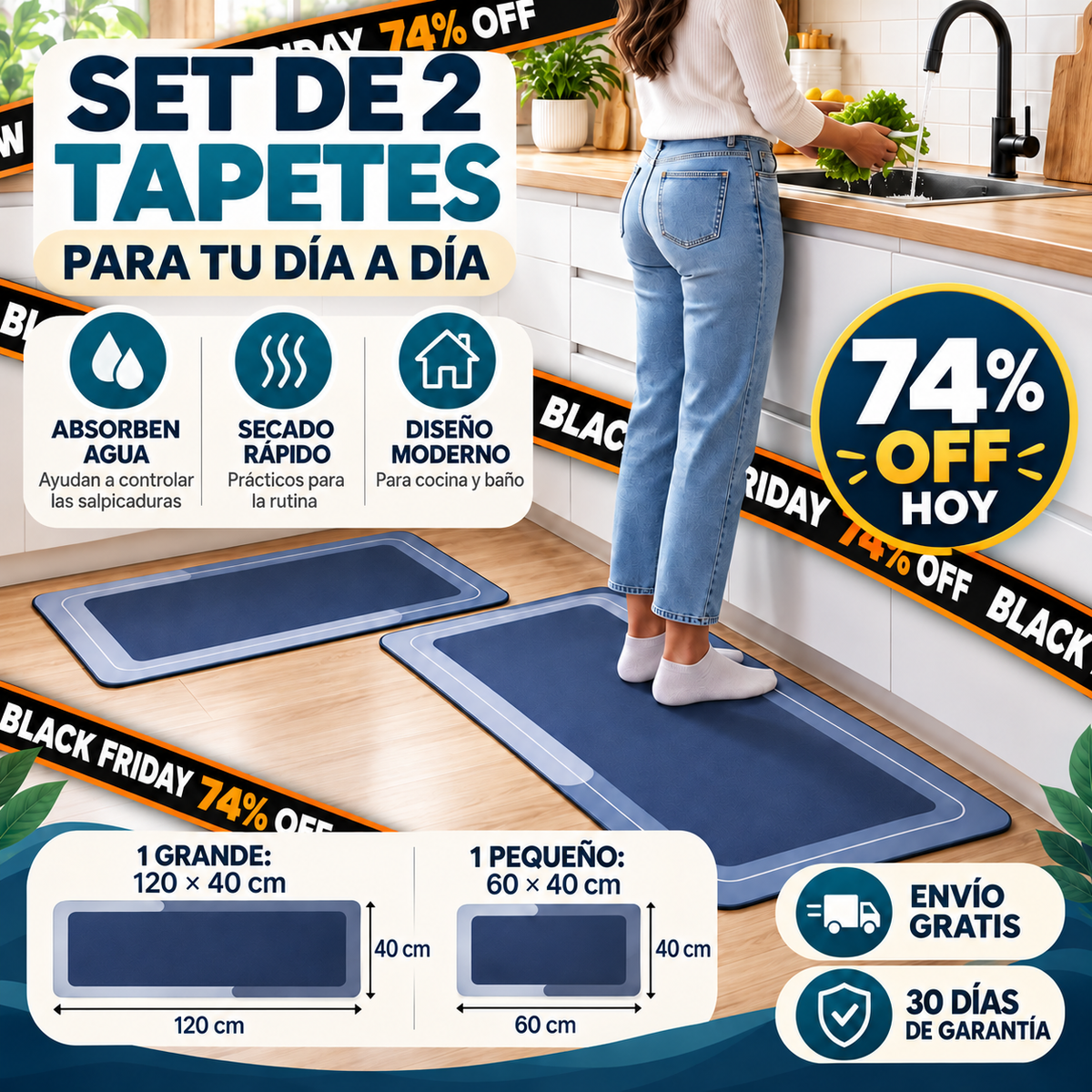 Set de 2 Tapetes Antideslizantes Absorbentes para Cocina y Baño