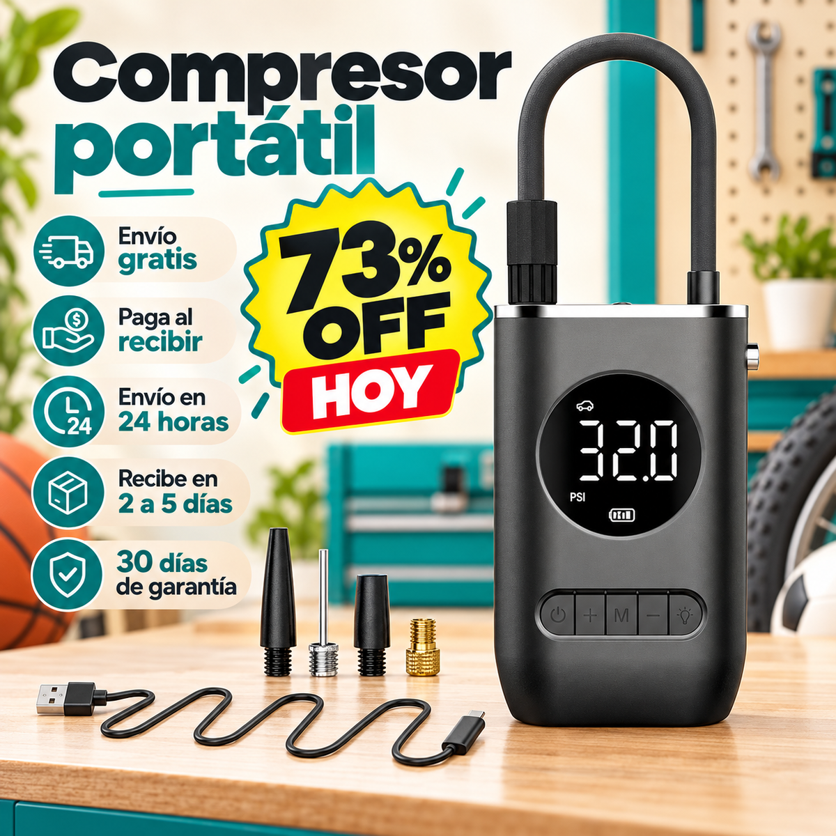 Compresor Inflador Llantas Recargable OFERTA ESPECIAL 73% OFF HOY