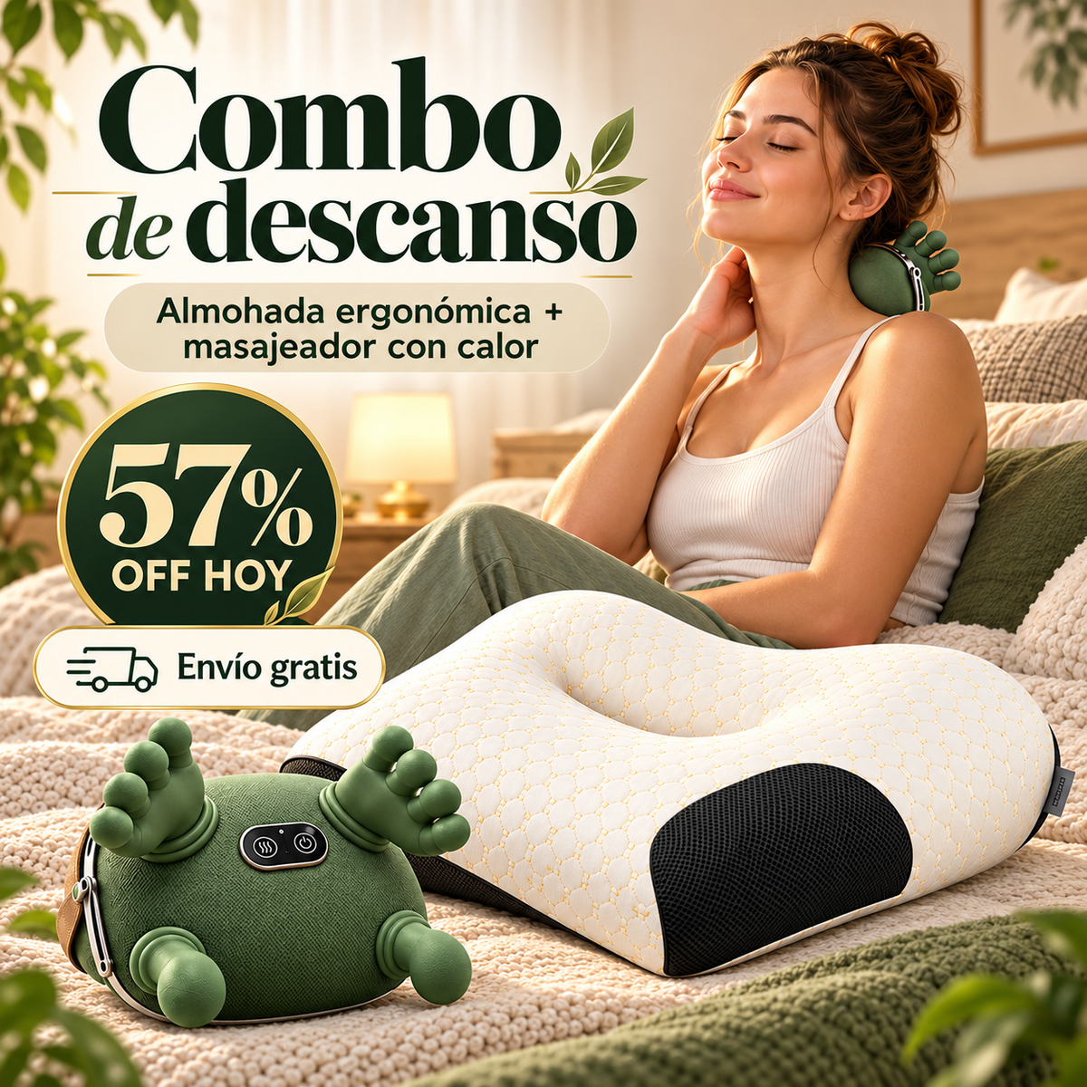 🐸 Combo Rest & Relax: Masajeador Cervical Rana con Calor + Almohada Ergonómica
