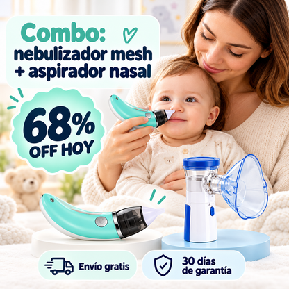 🌬️ Combo Respira Tranquilo: Nebulizador Portátil Mesh + Aspirador Nasal para Bebé