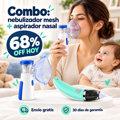 🌬️ Combo Respira Tranquilo: Nebulizador Portátil Mesh + Aspirador Nasal para Bebé