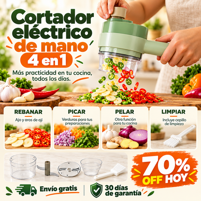🥕 Cortador de Verduras Eléctrico de Mano 4 en 1: Rebana, Pica, Pela y Limpia