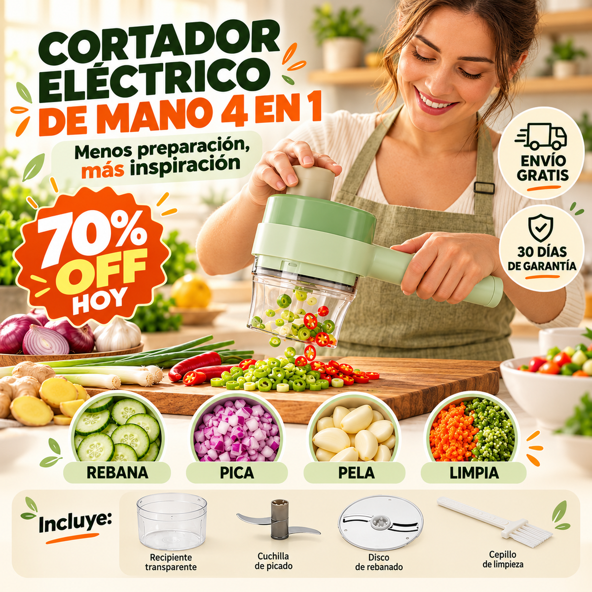 🥕 Cortador de Verduras Eléctrico de Mano 4 en 1: Rebana, Pica, Pela y Limpia