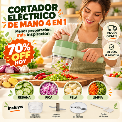🥕 Cortador de Verduras Eléctrico de Mano 4 en 1: Rebana, Pica, Pela y Limpia