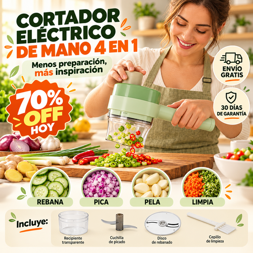 🥕 Cortador de Verduras Eléctrico de Mano 4 en 1: Rebana, Pica, Pela y Limpia