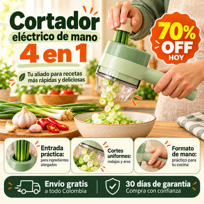 🥕 Cortador de Verduras Eléctrico de Mano 4 en 1: Rebana, Pica, Pela y Limpia