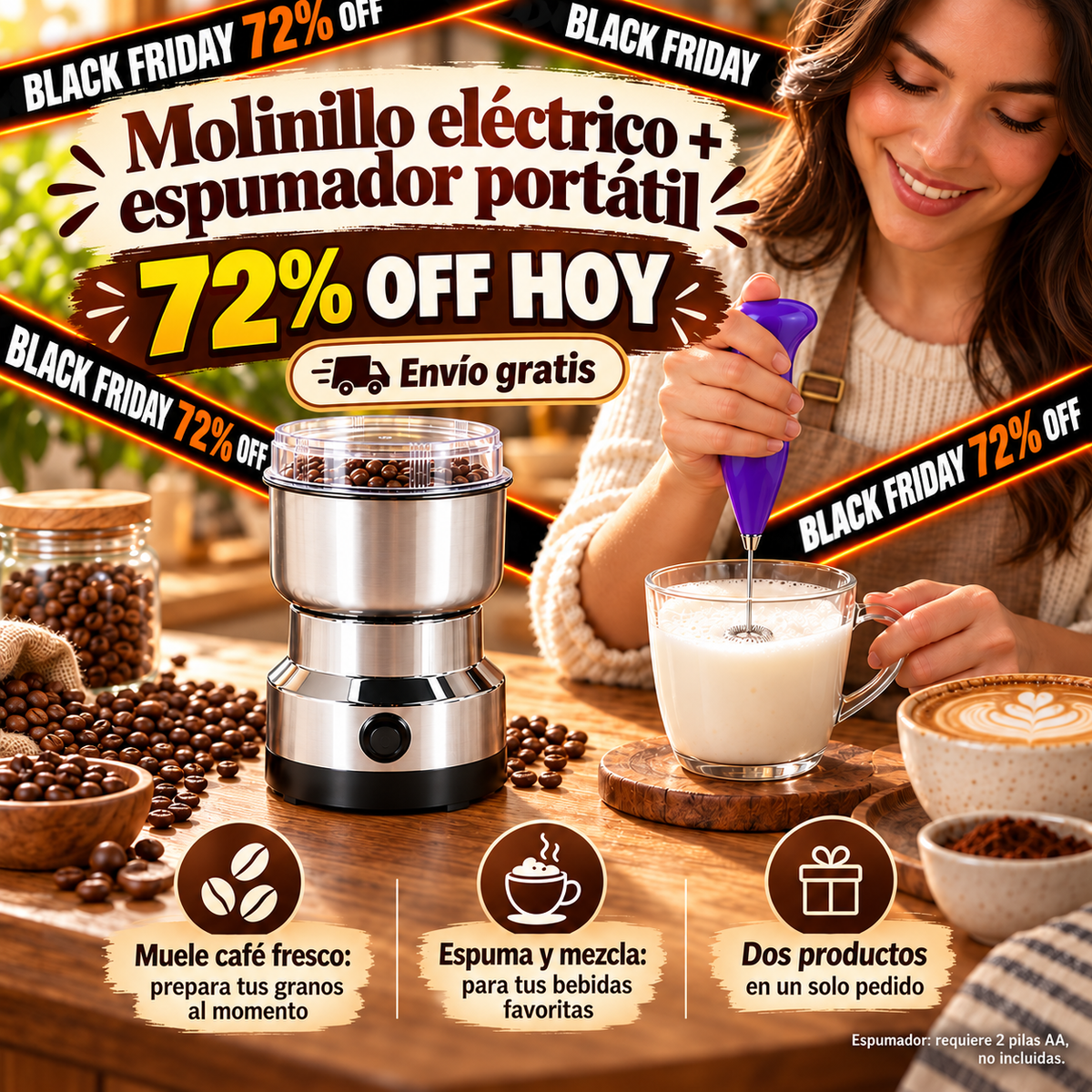 ☕ Combo Barista en Casa: Batidor Espumador Portátil + Molinillo Eléctrico de Café y Especias
