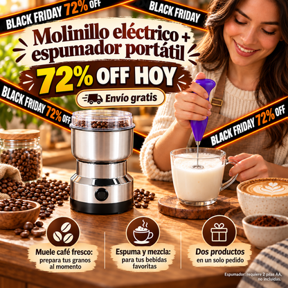 ☕ Combo Barista en Casa: Batidor Espumador Portátil + Molinillo Eléctrico de Café y Especias