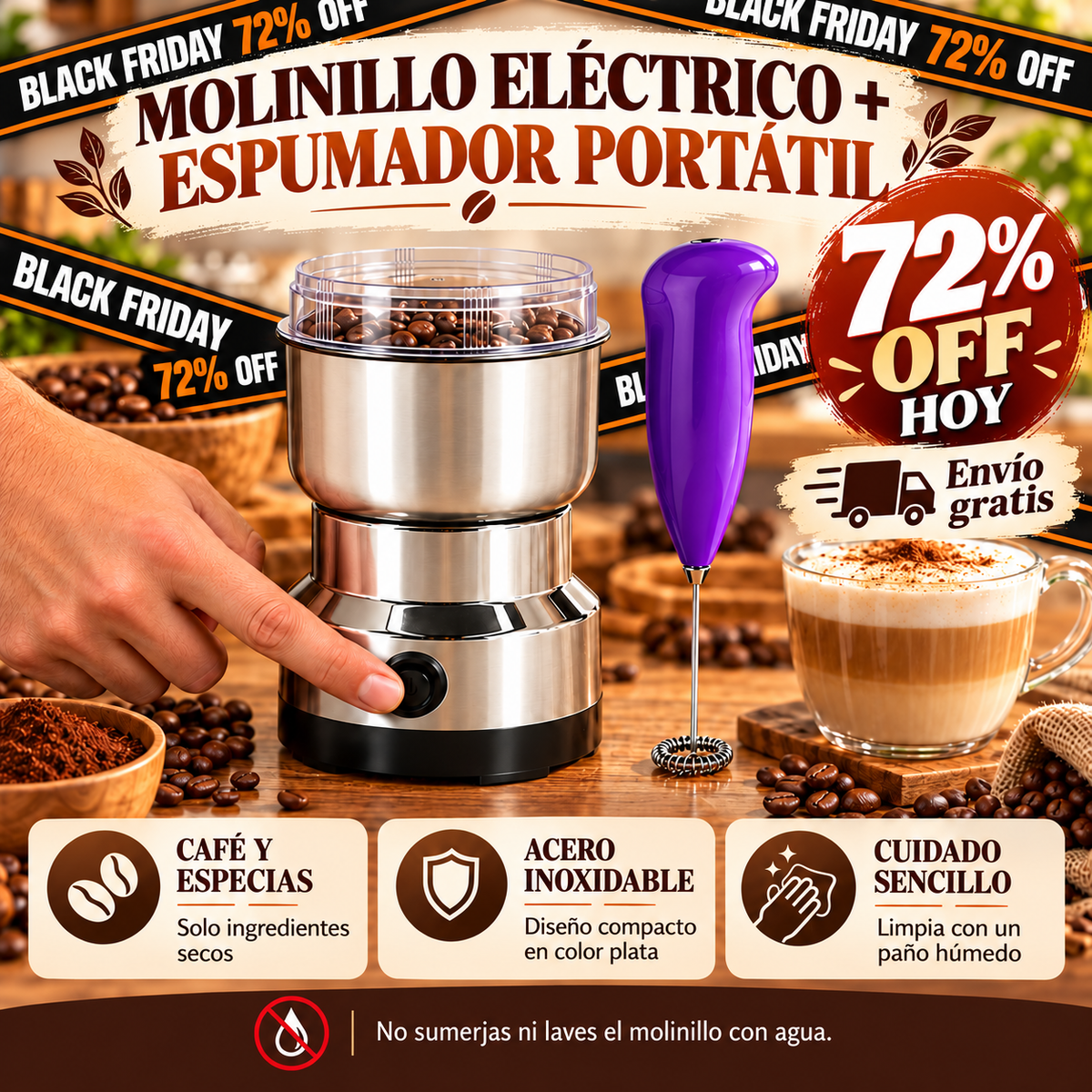 ☕ Combo Barista en Casa: Batidor Espumador Portátil + Molinillo Eléctrico de Café y Especias