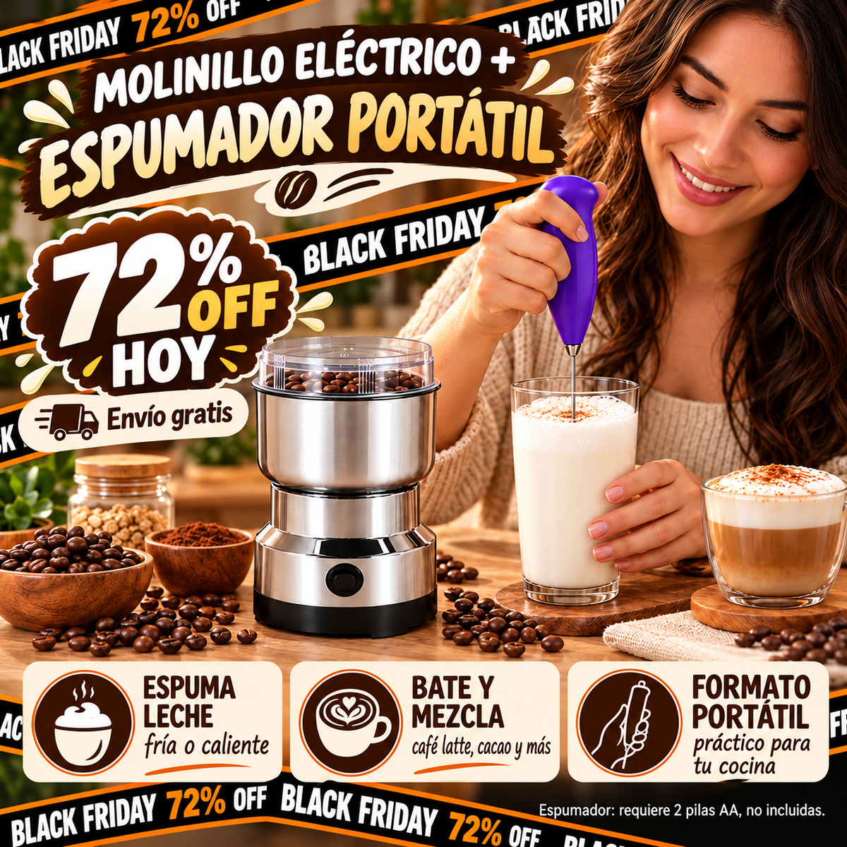 ☕ Combo Barista en Casa: Batidor Espumador Portátil + Molinillo Eléctrico de Café y Especias