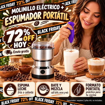 ☕ Combo Barista en Casa: Batidor Espumador Portátil + Molinillo Eléctrico de Café y Especias